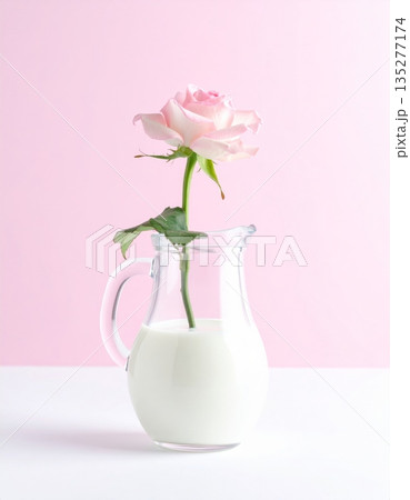 A fresh jug of milk stands beside a beautiful bouquet of pink rose blossoms in a glass vase, creating a healthy and floral beverage scene perfect for a romantic Valentine celebration of nature A fresh jug of milk stands beside a beautiful bouquet of pink rose blossoms in a glass vase, creating a healthy and floral beverage scene perfect for a romantic Valentine celebration of nature 135277174