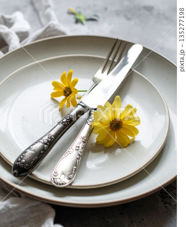 Clean white plate with silverware cutlery including a fork and knife on an empty restaurant table setting for a dinner meal dishware isolated kitchen utensil background 135277198