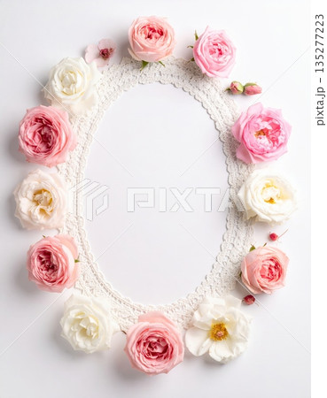 Elegant vintage floral border design featuring a pink rose flower bouquet with pearls and green leaf accents for a romantic wedding or Valentine Day heart card illustration 135277223