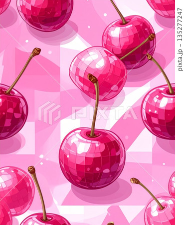 Fresh seamless pattern featuring ripe red cherries and sweet berries with green leaves on a white background for a healthy summer fruit vector design 135277247