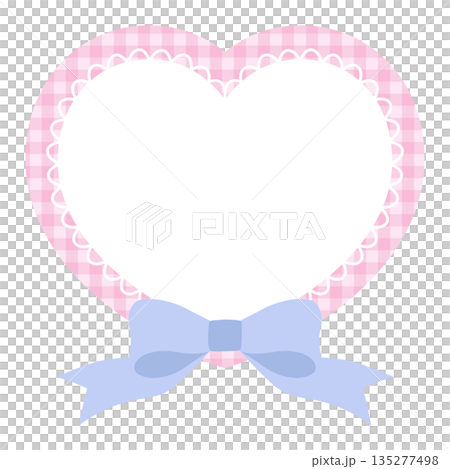 リボンがついたかわいいレースフレームのベクターイラスト。ハート、飾り、ギンガムチェック 135277498