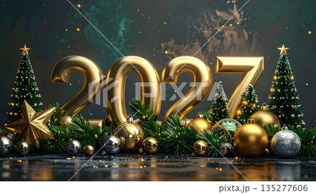 Celebrate the winter holiday season with a festive Christmas and New Year card featuring a decorated green fir tree branch adorned with gold bauble ornaments and gift boxes for a creative design 2027 135277606