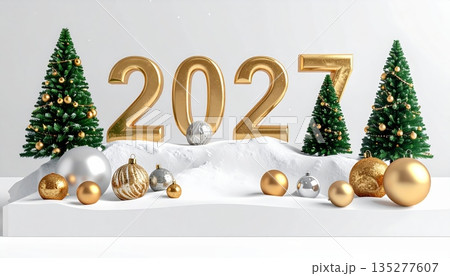 Celebrate the winter holiday season with a festive Christmas and New Year card featuring a decorated green fir tree branch adorned with gold bauble ornaments and gift boxes for a creative design 2027 Celebrate the winter holiday season with a festive Christmas and New Year card featuring a decorated green fir tree branch adorned with gold bauble ornaments and gift boxes for a creative design 2027 135277607