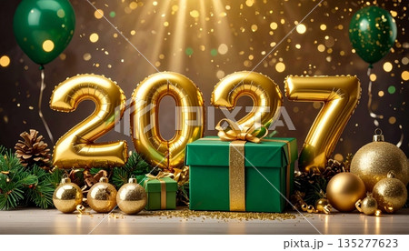 A festive Christmas celebration features a green fir tree branch adorned with a gold bauble ornament and a holiday gift box for the winter season 2027 135277623