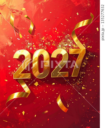 3d illustration of a happy new year 2027 celebration sign with gold text on a red holiday card symbol for a winter christmas sale 135277632