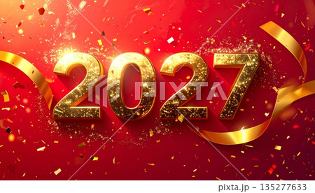 3d illustration of a happy new year 2027 celebration sign with gold text on a red holiday card symbol for a winter christmas sale 3d illustration of a happy new year 2027 celebration sign with gold text on a red holiday card symbol for a winter christmas sale 135277633