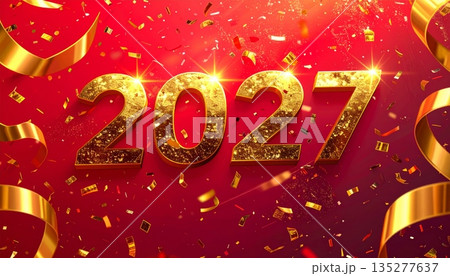 3d illustration of a happy new year 2027 celebration sign with gold text on a red holiday card symbol for a winter christmas sale 3d illustration of a happy new year 2027 celebration sign with gold text on a red holiday card symbol for a winter christmas sale 135277637