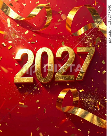 3d illustration of a happy new year 2027 celebration sign with gold text on a red holiday card symbol for a winter christmas sale 3d illustration of a happy new year 2027 celebration sign with gold text on a red holiday card symbol for a winter christmas sale 135277640
