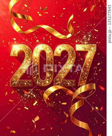 3d illustration of a happy new year 2027 celebration sign with gold text on a red holiday card symbol for a winter christmas sale 3d illustration of a happy new year 2027 celebration sign with gold text on a red holiday card symbol for a winter christmas sale 135277643