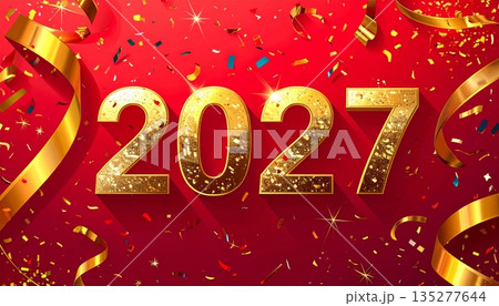 3d illustration of a happy new year 2027 celebration sign with gold text on a red holiday card symbol for a winter christmas sale 135277644