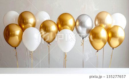 Festive golden Christmas baubles and shiny glass ornaments create a round decorative sphere display for a celebratory New Year party during the winter holiday season 135277657