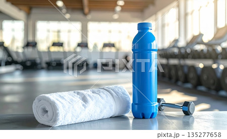 A clear glass bottle of wine sits on a bar table as a transparent object containing fresh liquid next to a blank white beverage container with a clean plastic cap 135277658