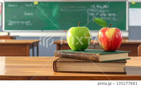 A stack of textbooks with a fresh red apple on a school desk provides a classic back to school concept for education and learning in the classroom 135277681