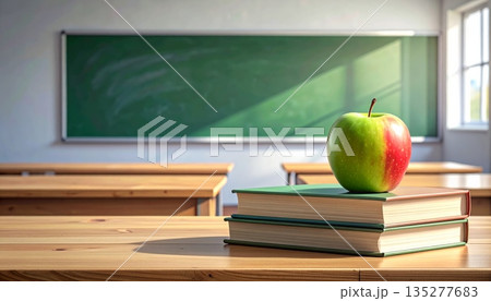 A stack of textbooks with a fresh red apple on a school desk provides a classic back to school concept for education and learning in the classroom 135277683