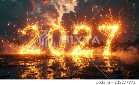 Hot burning text design featuring a new year 2027 symbol with orange flames and heat light on a black background illustration for a happy holiday celebration sale 135277778