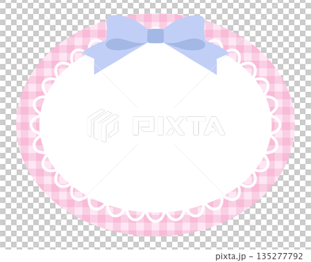 リボンがついたかわいいレースフレームのベクターイラスト。楕円、サークル、飾り、ギンガムチェック リボンがついたかわいいレースフレームのベクターイラスト。楕円、サークル、飾り、ギンガムチェック 135277792