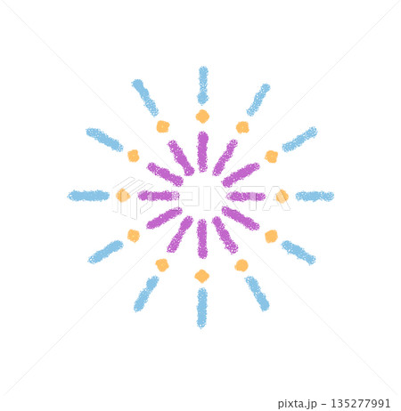Crayon firework burst with star sparkle dominates this festive circle. Bright holiday symbol and vibrant confetti add a party atmosphere, perfect for cheerful graphic celebration concepts. 135277991