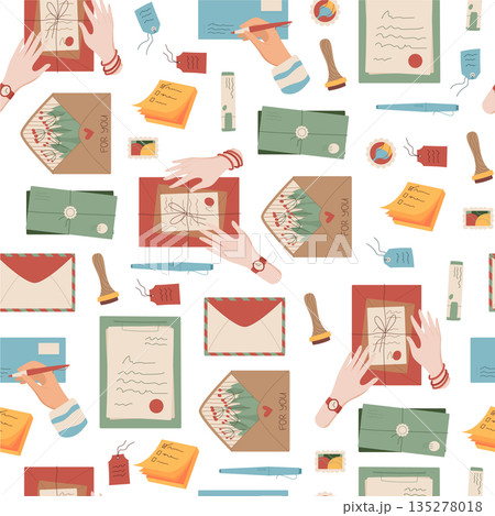 Mail seamless pattern flat background. Hold letter and envelope with card, stamp, post and note in correspondence. Creative flat correspondence style, stationery template for post communication Mail seamless pattern flat background. Hold letter and envelope with card, stamp, post and note in correspondence. Creative flat correspondence style, stationery template for post communication 135278018