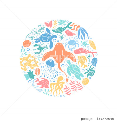 Underwater cartoon concept with marine creatures. Circle design featuring fish, turtle, reef, and ocean life. Vibrant sea concept with aquatic animals in a round layout, perfect for summer themes or Underwater cartoon concept with marine creatures. Circle design featuring fish, turtle, reef, and ocean life. Vibrant sea concept with aquatic animals in a round layout, perfect for summer themes or 135278046