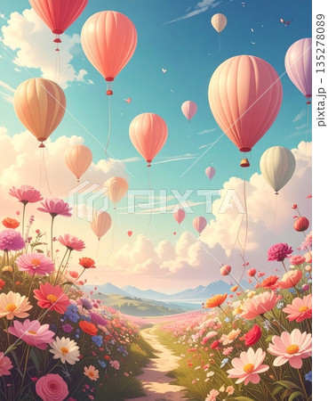 Colorful Chinese New Year festival celebration featuring red lanterns and balloons flying in the blue sky with clouds for a happy holiday party vector illustration 135278089