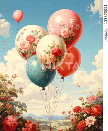 Colorful Chinese New Year festival celebration featuring red lanterns and balloons flying in the blue sky with clouds for a happy holiday party vector illustration 135278091