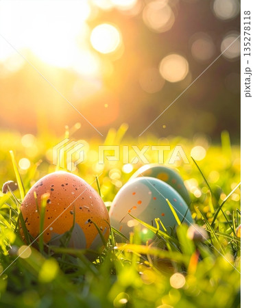 A colorful Easter egg decoration sits nestled in the green grass of a sunny spring meadow under a clear blue sky to celebrate the holiday season in nature A colorful Easter egg decoration sits nestled in the green grass of a sunny spring meadow under a clear blue sky to celebrate the holiday season in nature 135278118