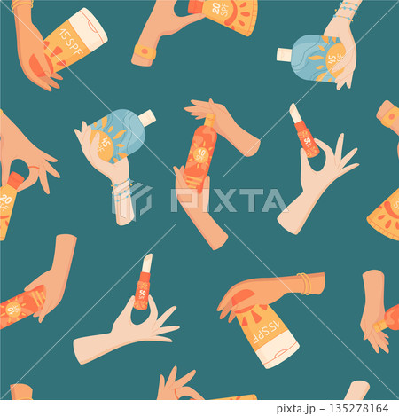 Flat seamless pattern with sunscreen bottle, tube, spray, cream, lotion shapes. Sunblock and spf in hand hold motif, sun care and protection theme. Summer background, beauty cosmetic concept. 135278164