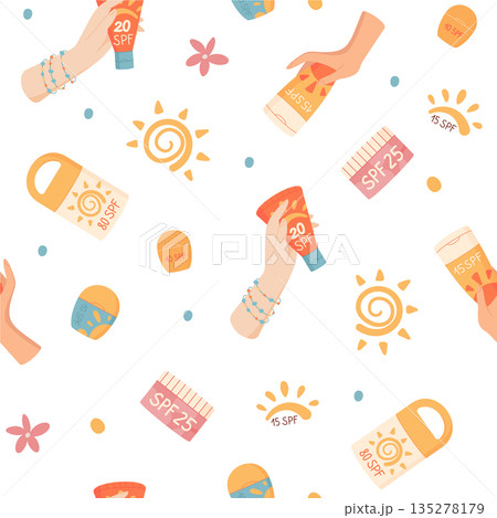 Flat seamless pattern with sunscreen bottle and tube shapes. Sunblock product, spf lotion and summer cosmetic bottle background. Hold sunblock lotion containers, seamless background, body care Flat seamless pattern with sunscreen bottle and tube shapes. Sunblock product, spf lotion and summer cosmetic bottle background. Hold sunblock lotion containers, seamless background, body care 135278179