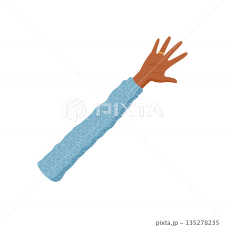 Cartoon black hand showing number five. Flat style hand with fingers up to count number five. Gesture of clothed arm with visible sleeve, professional element isolated on white. Educational and Cartoon black hand showing number five. Flat style hand with fingers up to count number five. Gesture of clothed arm with visible sleeve, professional element isolated on white. Educational and 135278235