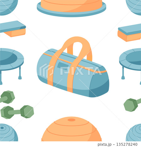 Flat seamless pattern with sport and fitness equipment. Dumbbells, gym bags, and workout objects in a colorful design. Exercise tools repeat in a dynamic layout, perfect for fabric, wallpaper, or 135278240