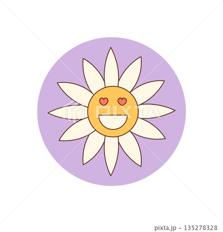 Groovy cartoon daisy flower sticker label in retro style with a yellow smile and pink heart details. Circle seal for package or box lid, playful y2k mood, ideal for fun and positive product 135278328