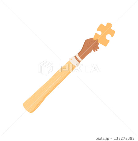 Flat cartoon graphic style raised hand holding a puzzle piece. The jigsaw piece acts as a symbol of teamwork, solution, and support. Abstract creative idea with focus on collaboration. Flat cartoon graphic style raised hand holding a puzzle piece. The jigsaw piece acts as a symbol of teamwork, solution, and support. Abstract creative idea with focus on collaboration. 135278385