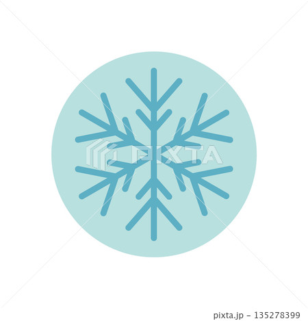 Blue round label with snowflake outline icon as ornament. Winter holiday element and xmas decoration for package or seal. This snow flake adds style for festive gift wrapping. Blue round label with snowflake outline icon as ornament. Winter holiday element and xmas decoration for package or seal. This snow flake adds style for festive gift wrapping. 135278399