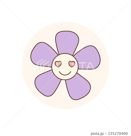 Groovy retro flower sticker label with pink heart smiley in cartoon graphic style. Circle shape badge as playful seal for package or lid, blending y2k feel with positive, fun vibe for trendy 135278400