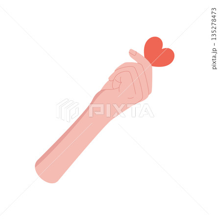 Flat cartoon hand holding a heart symbol with a minimalist design. Bold gesture of love, care, and charity. Creative concept emphasizing give and solidarity, perfect for aid campaigns, social themes, 135278473