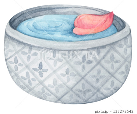 Watercolor Illustration of Water Pouring from Bowl. Thai Songkran Festival Watercolor Illustration of Water Pouring from Bowl. Thai Songkran Festival 135278542