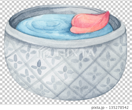 Watercolor Illustration of Water Pouring from Bowl. Thai Songkran Festival Watercolor Illustration of Water Pouring from Bowl. Thai Songkran Festival 135278542