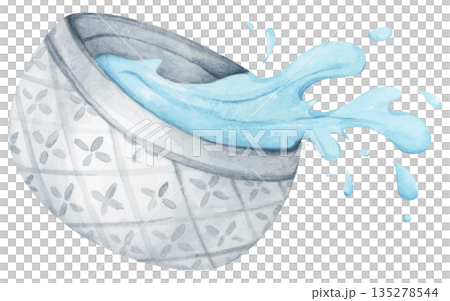 Watercolor Illustration of Water Pouring from Bowl. Thai Songkran Festival 135278544