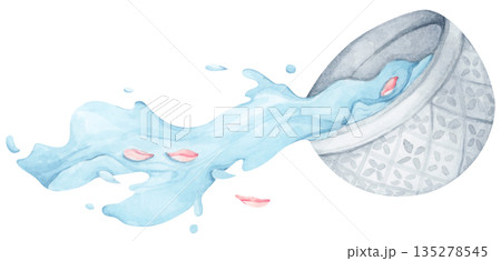 Watercolor Illustration of Water Pouring from Bowl. Thai Songkran Festival 135278545
