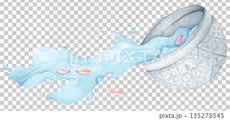 Watercolor Illustration of Water Pouring from Bowl. Thai Songkran Festival 135278545