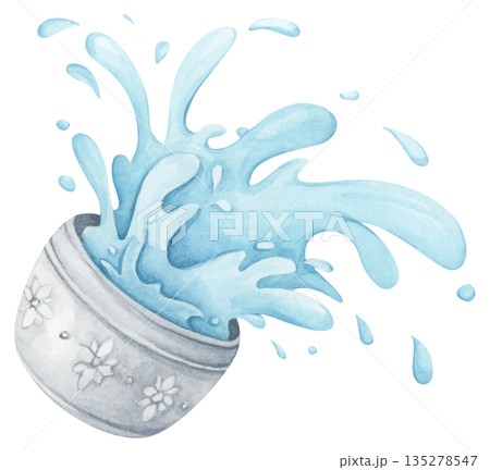 Watercolor Illustration of Water Pouring from Bowl. Thai Songkran Festival 135278547