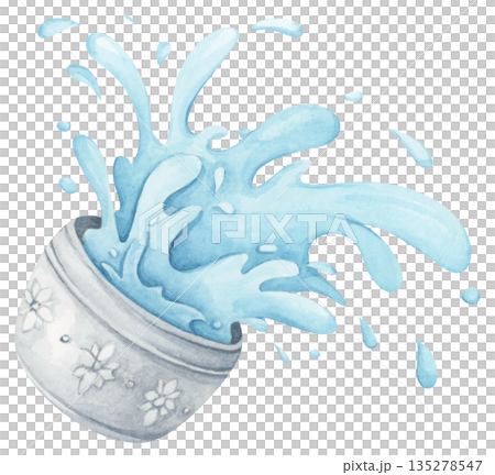 Watercolor Illustration of Water Pouring from Bowl. Thai Songkran Festival 135278547