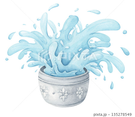 Watercolor Illustration of Water Pouring from Bowl. Thai Songkran Festival 135278549