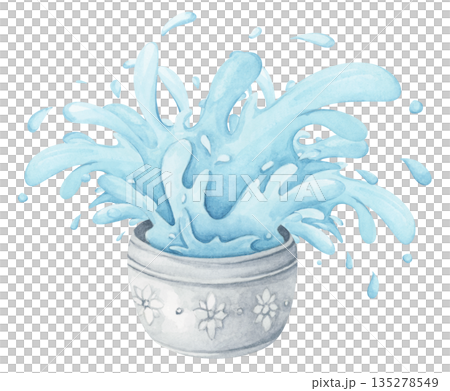 Watercolor Illustration of Water Pouring from Bowl. Thai Songkran Festival 135278549
