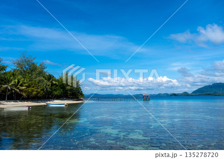 Wooden jetty and boat at Bolilanga Island, Togian archipelago, Sulawesi, Indonesia Wooden jetty and boat at Bolilanga Island, Togian archipelago, Sulawesi, Indonesia 135278720