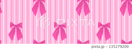Seamless hand-drawn pink bow stripe pattern. Romantic ribbon background for Valentine and wedding projects, wrapping, stationery, girly decor. Vector illustration with vertical candy stripes and bows. Seamless hand-drawn pink bow stripe pattern. Romantic ribbon background for Valentine and wedding projects, wrapping, stationery, girly decor. Vector illustration with vertical candy stripes and bows. 135279200
