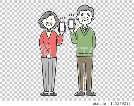 Senior couple holding a smartphone, full body vector 135279212