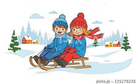 Two children, a boy and a girl, joyfully sledding down a snowy hill, wearing colorful winter clothing, surrounded by a picturesque winter landscape with trees and houses 135279238