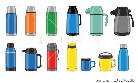 Collection of colorful thermoses and mugs in various shapes and sizes, showcasing modern designs and functionality for beverage storage and outdoor activities 135279239