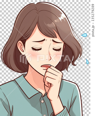 一幅簡單的插圖,描繪了一位因身體不適而摀著嘴咳嗽的女士。 一幅簡單的插圖,描繪了一位因身體不適而摀著嘴咳嗽的女士。 135279289